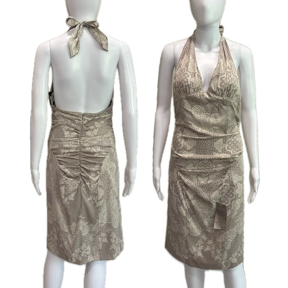 Nicole Miller Beige Taupe Lace-Print Halter Backless Dress